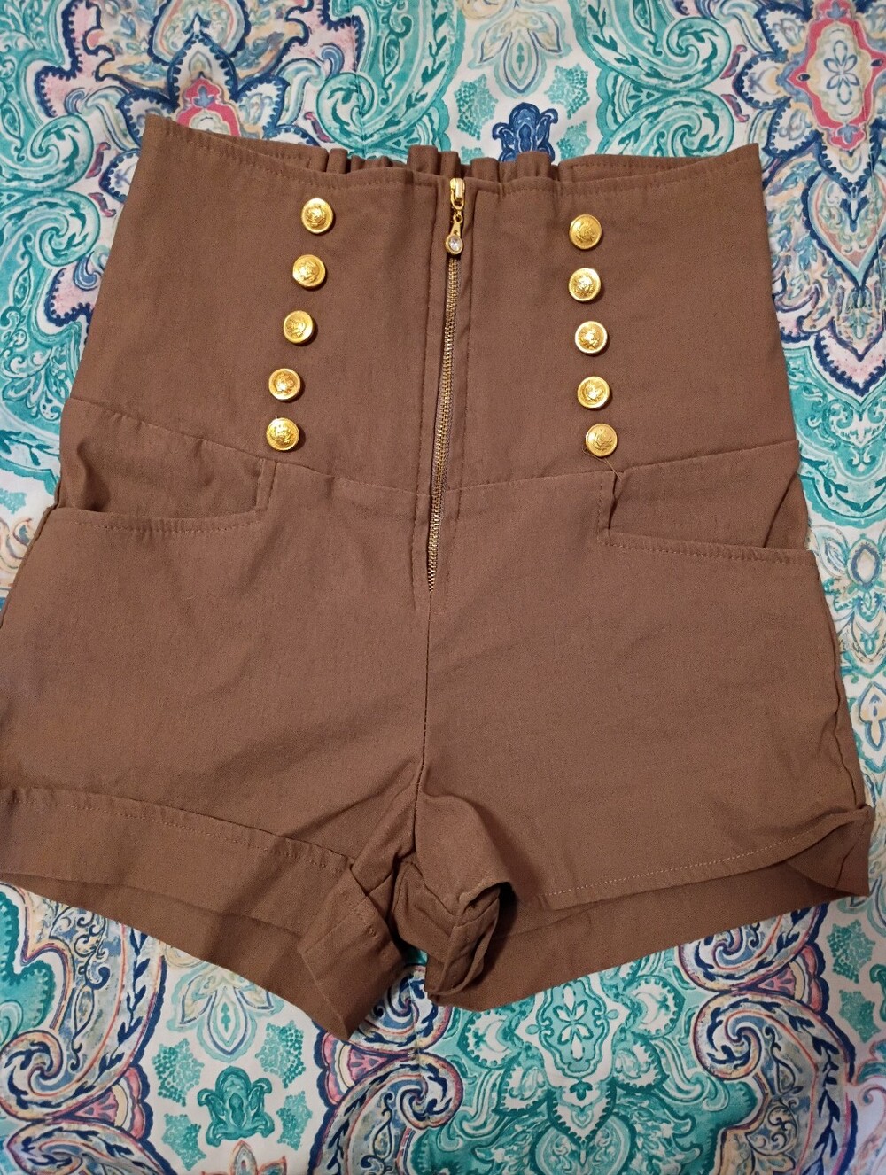 High-Waist Brown Shorts with Gold Button Accents